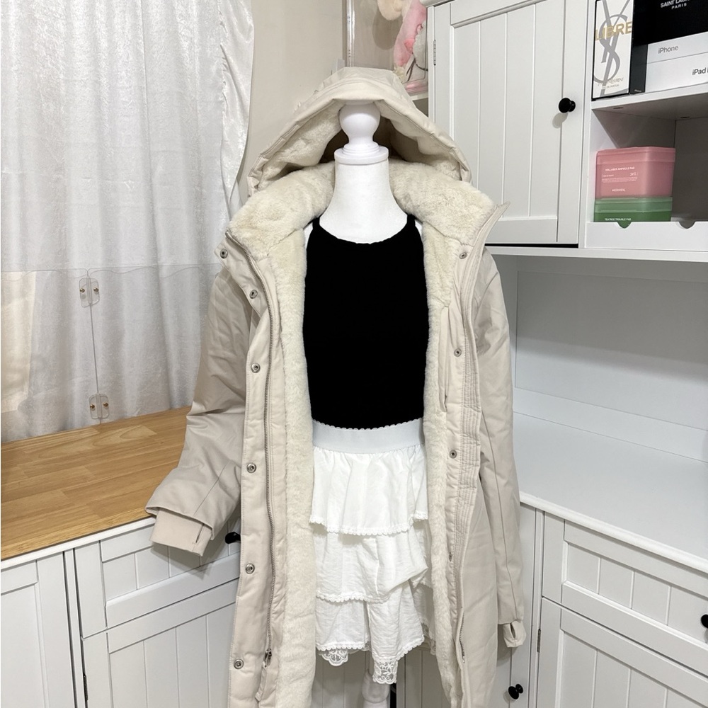 Hollister Cream Hooded Parka Coat with Faux-Fur Lining Size S